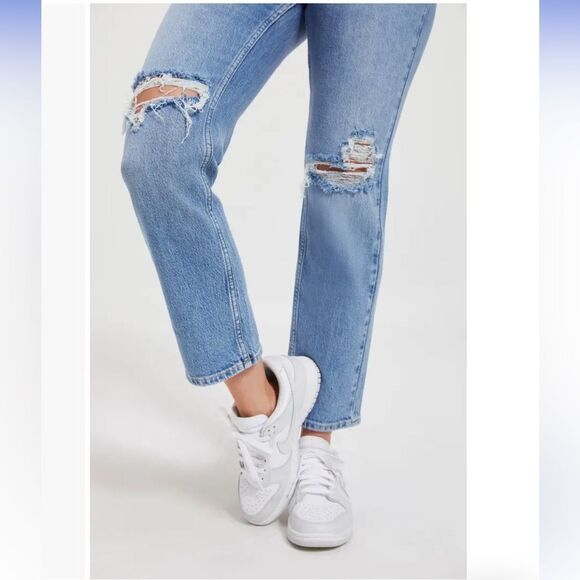 Good '90s Icon Distressed High Waist Crop Straight Leg Jeans Size 24 - Picture 2 of 12